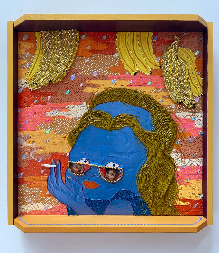 A vibrant mixed-media artwork featuring a blue-skinned figure with long hair, wearing sunglasses and holding a cigarette, set against a colorful abstract background adorned with bananas and playful patterns.