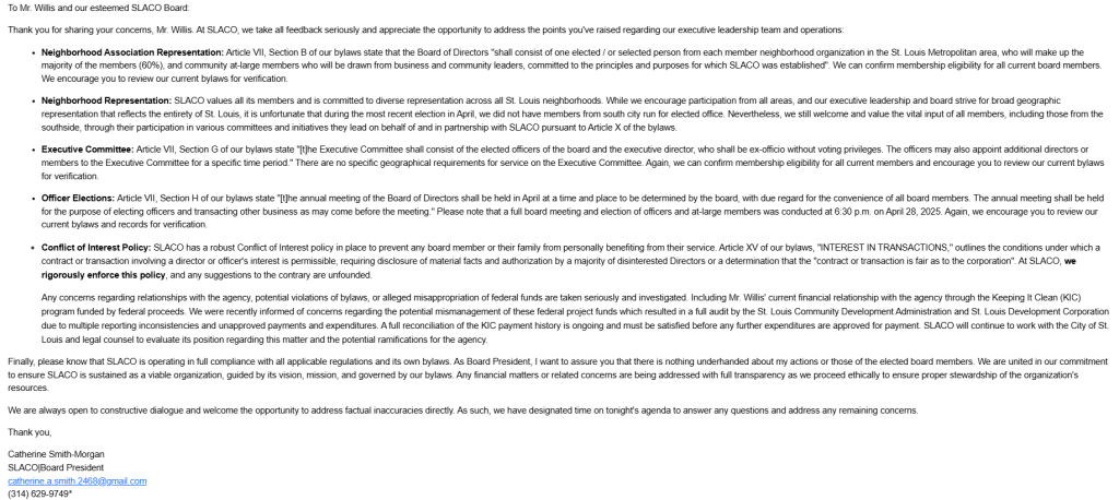 An email exchange discussing governance issues within the SLACO board, including allegations of misrepresentation and conflicts of interest among board members.