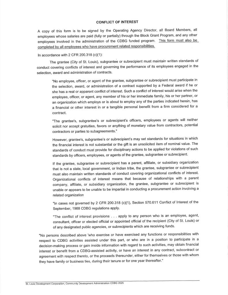 Document titled 'Conflict of Interest' outlining disclosure requirements for board members and employees of the St. Louis Development Corporation.