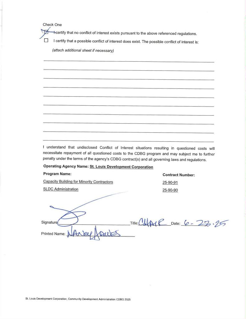 Conflict of interest disclosure form from Nancy Hawes, SLDC board chair, certifying no conflict exists, dated June 23, 2025.