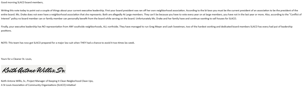 An email from Keith Antone Willis, Sr., Project Manager of SLACO, addressing board members about leadership issues and potential conflicts of interest within the organization.