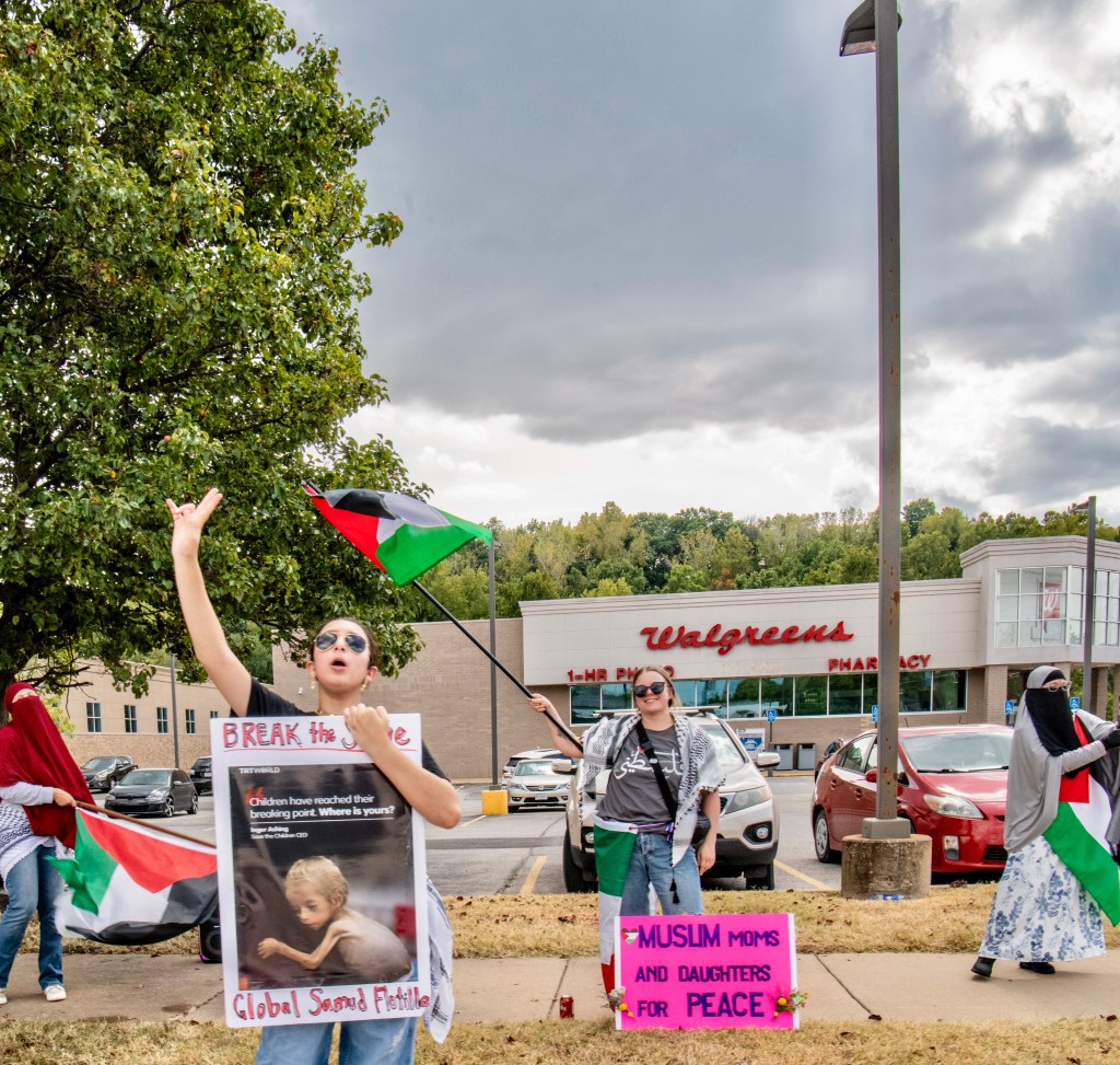 Demonstrators holding signs and flags at a protest in Ballwin, Missouri, expressing opposition to various political and social issues, including the conflict in Gaza.