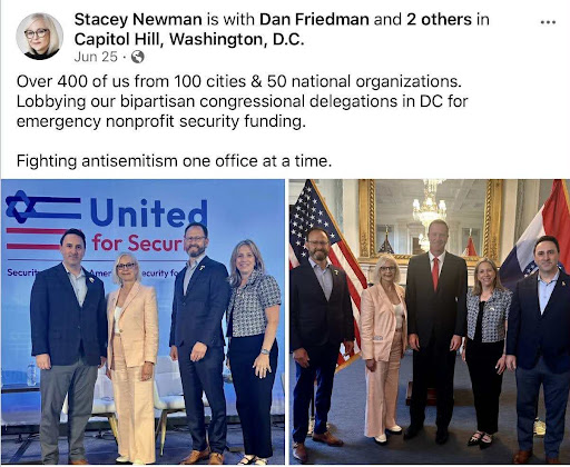 Stacey Newman poses with colleagues at a congressional lobbying event in Washington, D.C., promoting emergency nonprofit security funding and combating antisemitism.