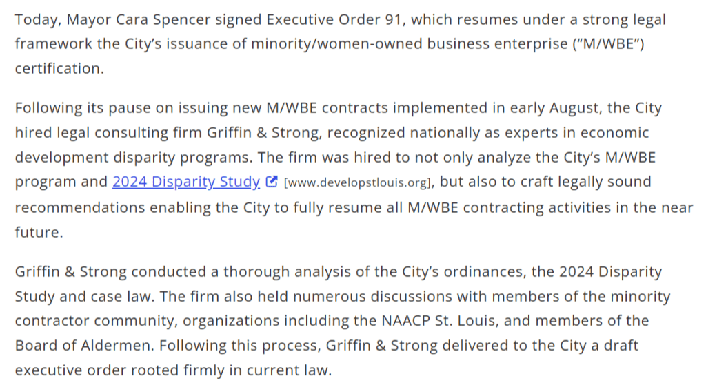 A digital announcement regarding Mayor Cara Spencer's signing of Executive Order 91, which resumes the city's certification for minority and women-owned business enterprises (M/WBE) under a new legal framework.