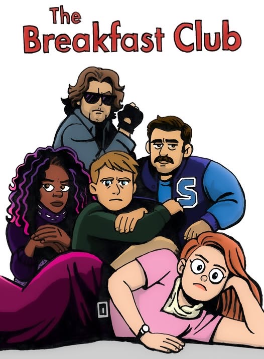 An animated illustration of the characters from 'The Breakfast Club,' featuring a diverse group of teenagers in casual attire, arranged in a playful, relaxed pose.