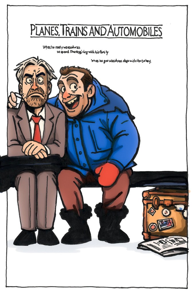Illustration from 'Planes, Trains and Automobiles' showing two characters sitting on a bench. One character looks frustrated while the other appears cheerful. Luggage is placed nearby.