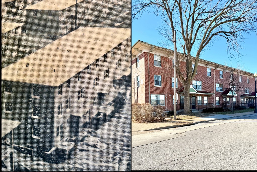 A split image showcasing a historical photograph of multiple residential buildings on the left, contrasted with a current photograph of the same buildings renovated and modernized on the right.