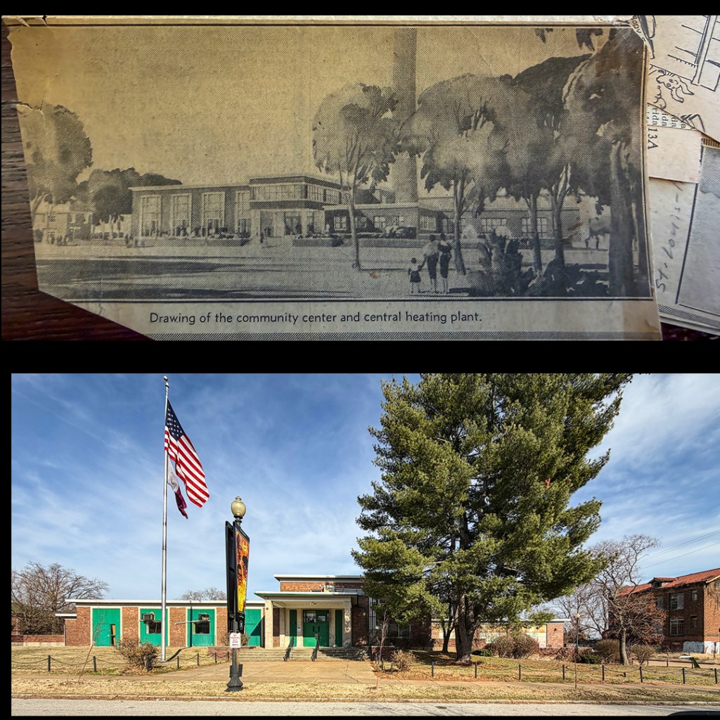 Historic drawing of a community center and central heating plant.