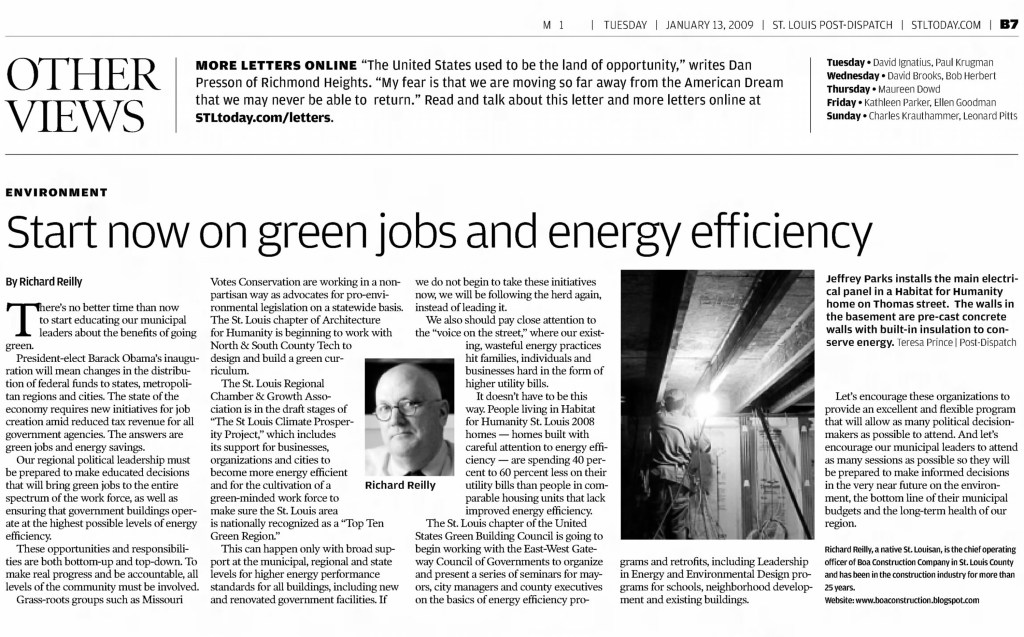 An article titled 'Start now on green jobs and energy efficiency' discussing the importance of environmental initiatives and the role of municipal leaders in promoting green jobs.