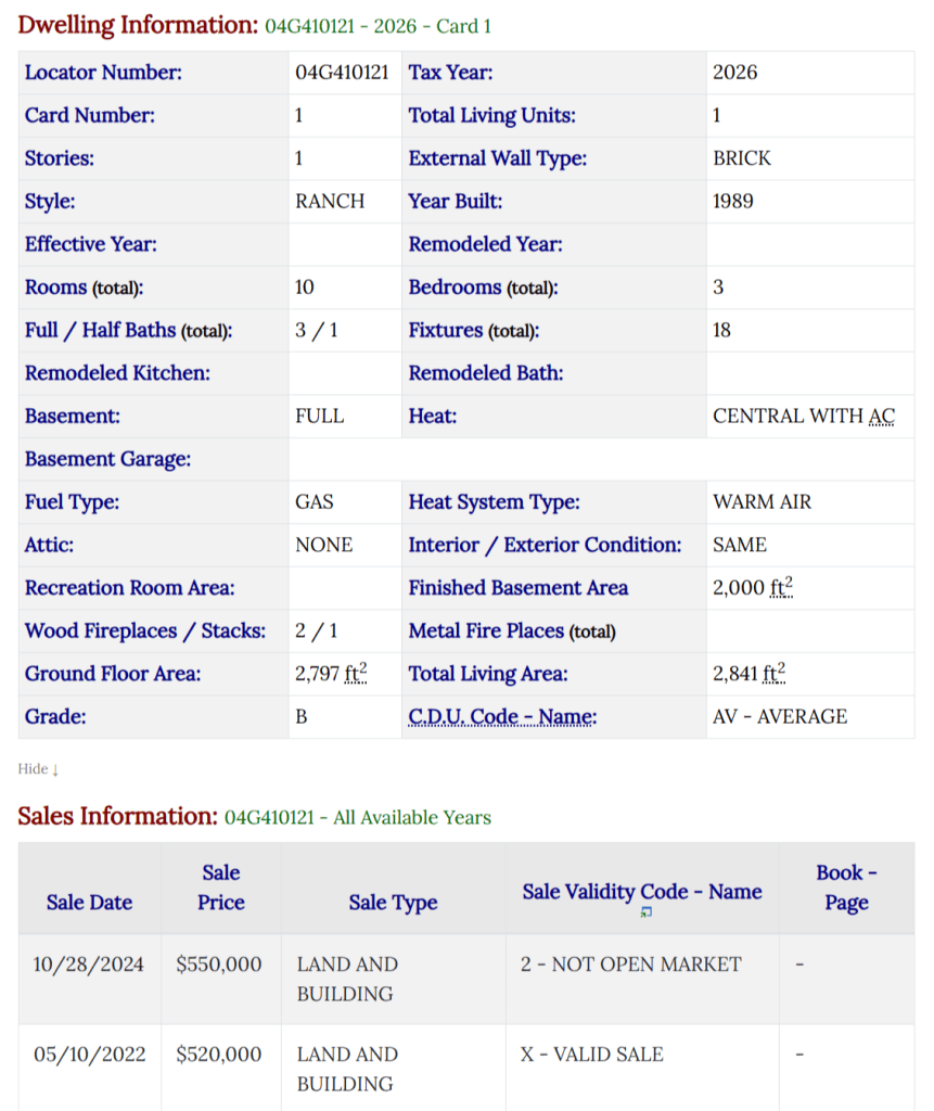 A detailed property information sheet for a single-story ranch-style home built in 1989, featuring 3 bedrooms, 3 full baths, a full basement, and a central heating system. The document includes sales data and totals for living area and room specifications.