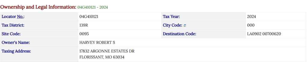 Ownership and legal information for property, including locator number, tax district, site code, owner's name, and taxing address.