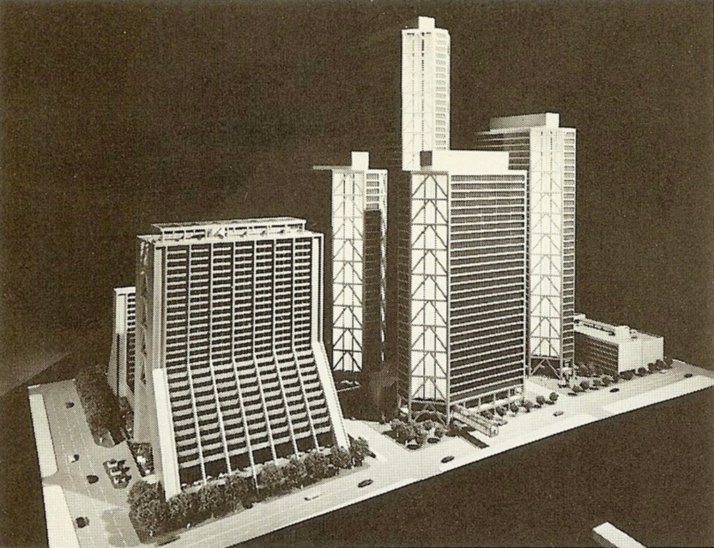Architectural model of a modern skyscraper complex featuring multiple high-rise buildings and surrounding landscape.