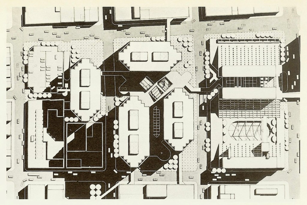 A monochromatic aerial view of a city layout featuring various buildings, streets, and landscaped areas, showcasing a mix of open spaces and structures.