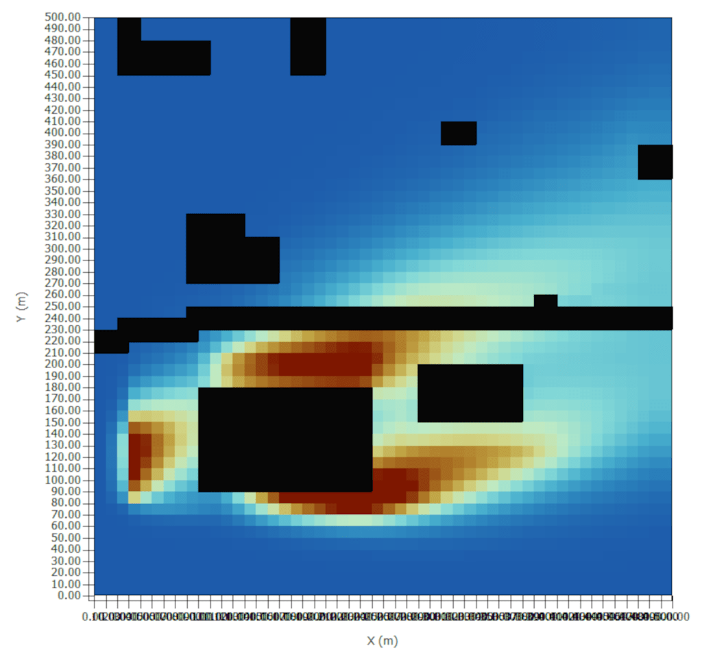 Heatmap representation showing the distribution of values across a grid, with axis labels for X (m) and Y (m). The color gradient ranges from blue to brown, indicating different value intensities. Some areas are blacked out.