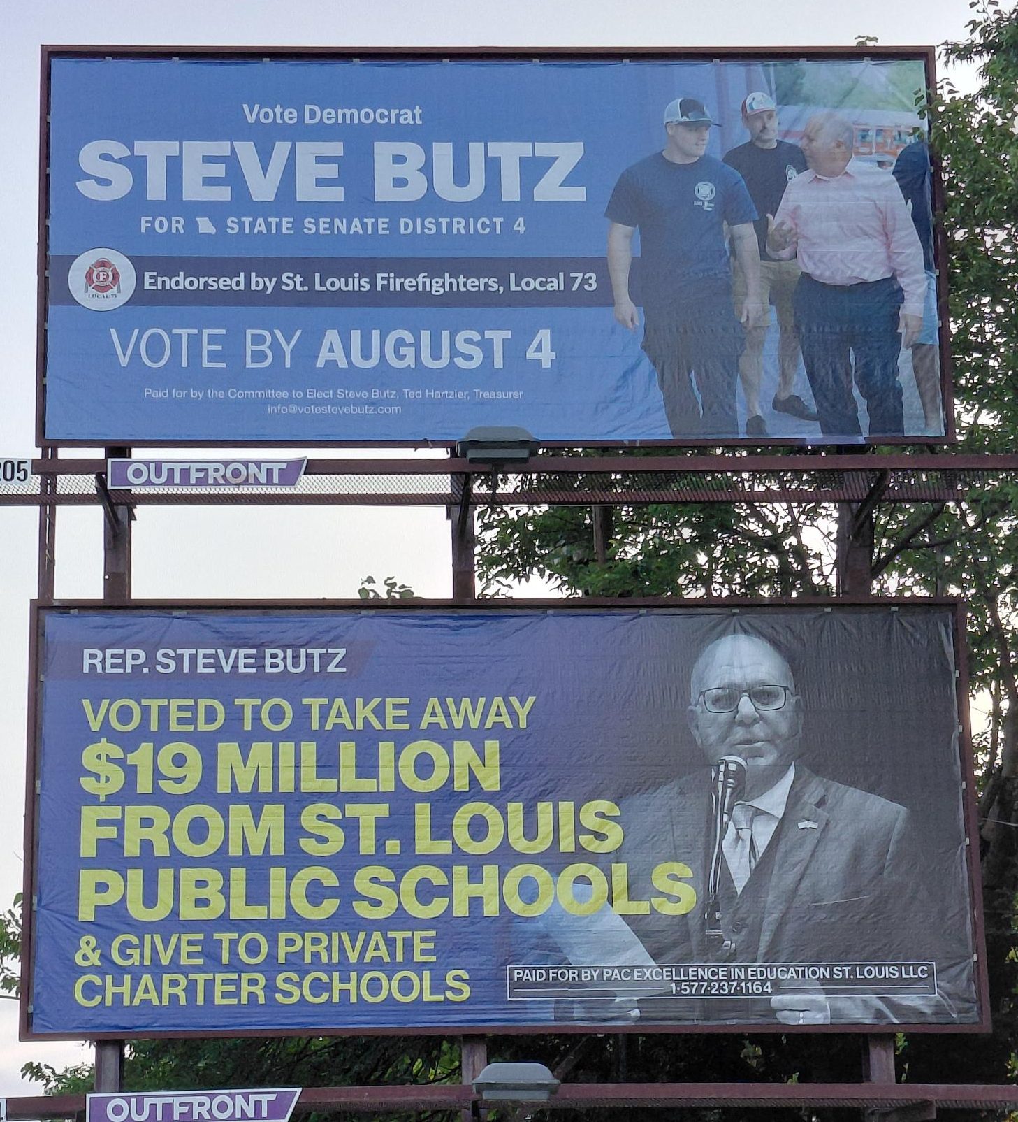 Billboard promoting Steve Butz for State Senate District 4, endorsed by St. Louis Firefighters, with a vote deadline of August 4.