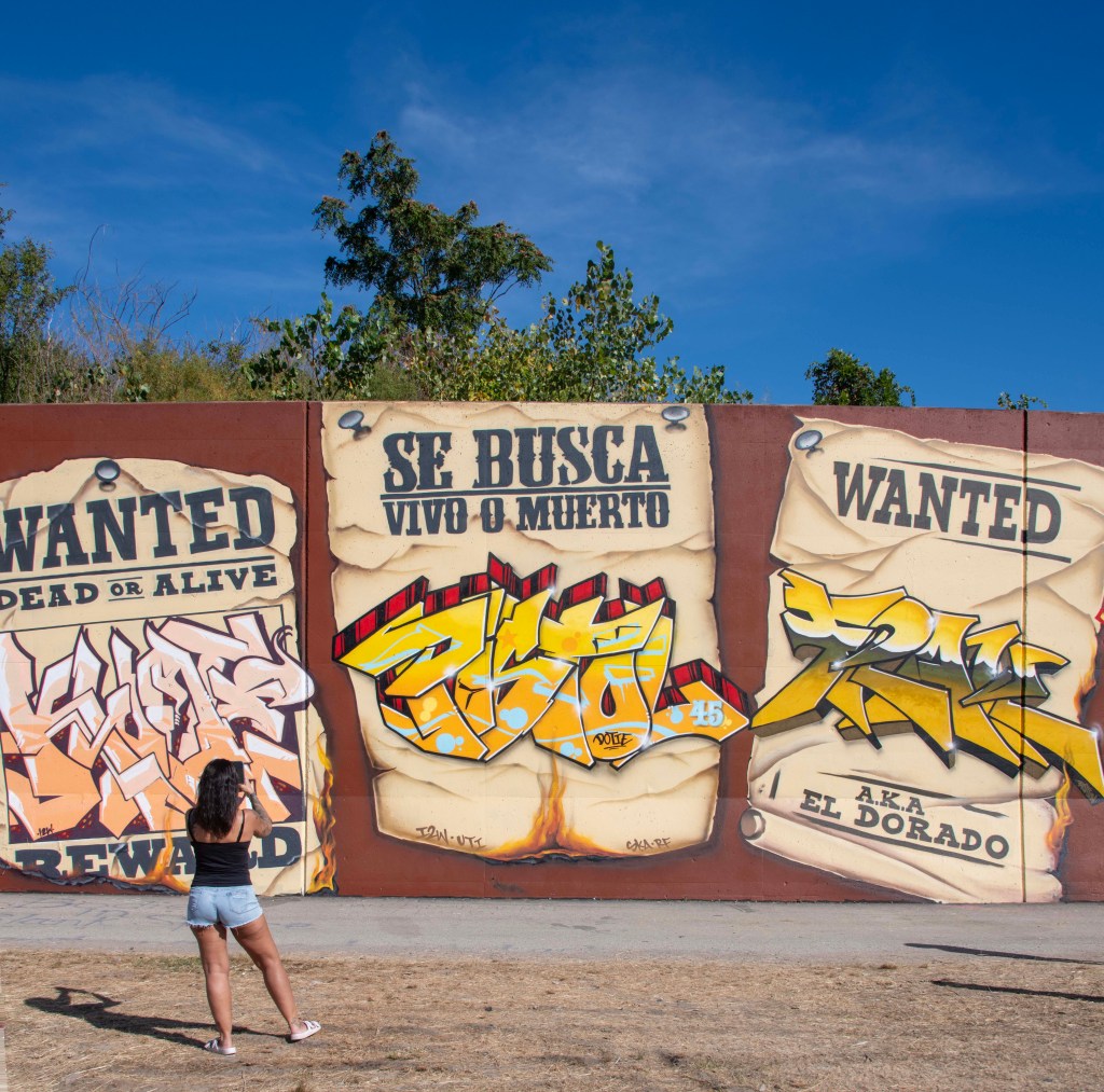 A person taking a photo in front of a large graffiti mural featuring 'Wanted' posters with stylized text and colorful designs, under a clear blue sky.