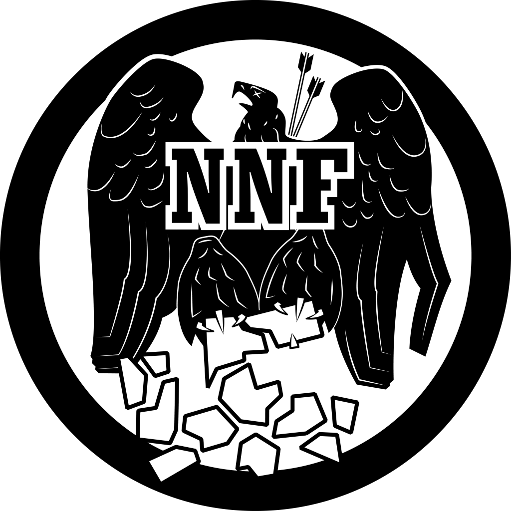 Logo featuring a stylized eagle with outstretched wings above the letters 'NNF' and broken rock pieces below, set against a circular background.